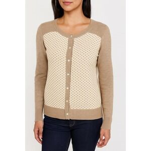 Eddie Bauer Tan Polka Dot Cardigan Sweater‎ Lightweight Knit Button Front Large